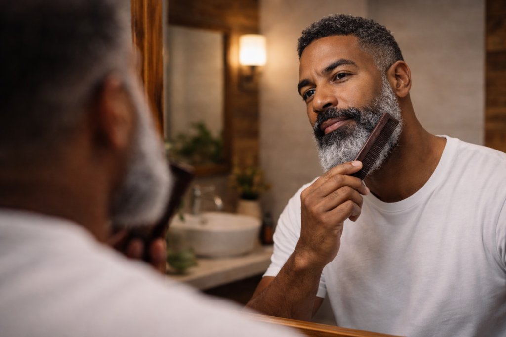 Burly Dude black man #2 combing beard in mirror
